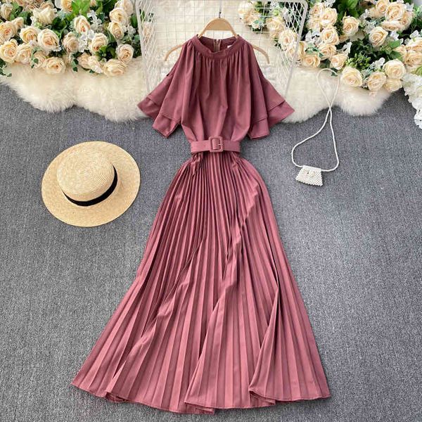 red/green/khaki pleated long dress women elegant o-neck short sleeve high waist draped vestidos with sashes female spring autumn 210426, Black;gray